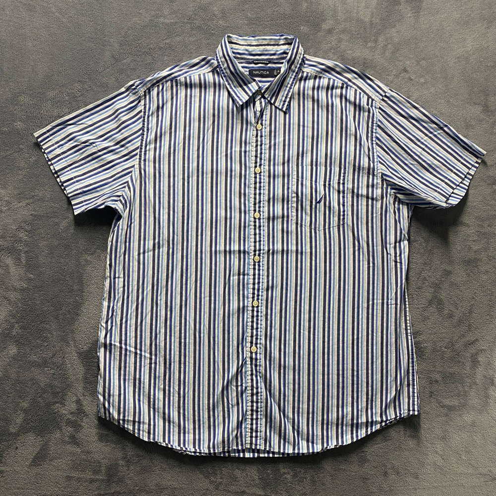 Nautica Button Down Shirt Mens XL Blue Striped Excellent Short Sleeve Cotton